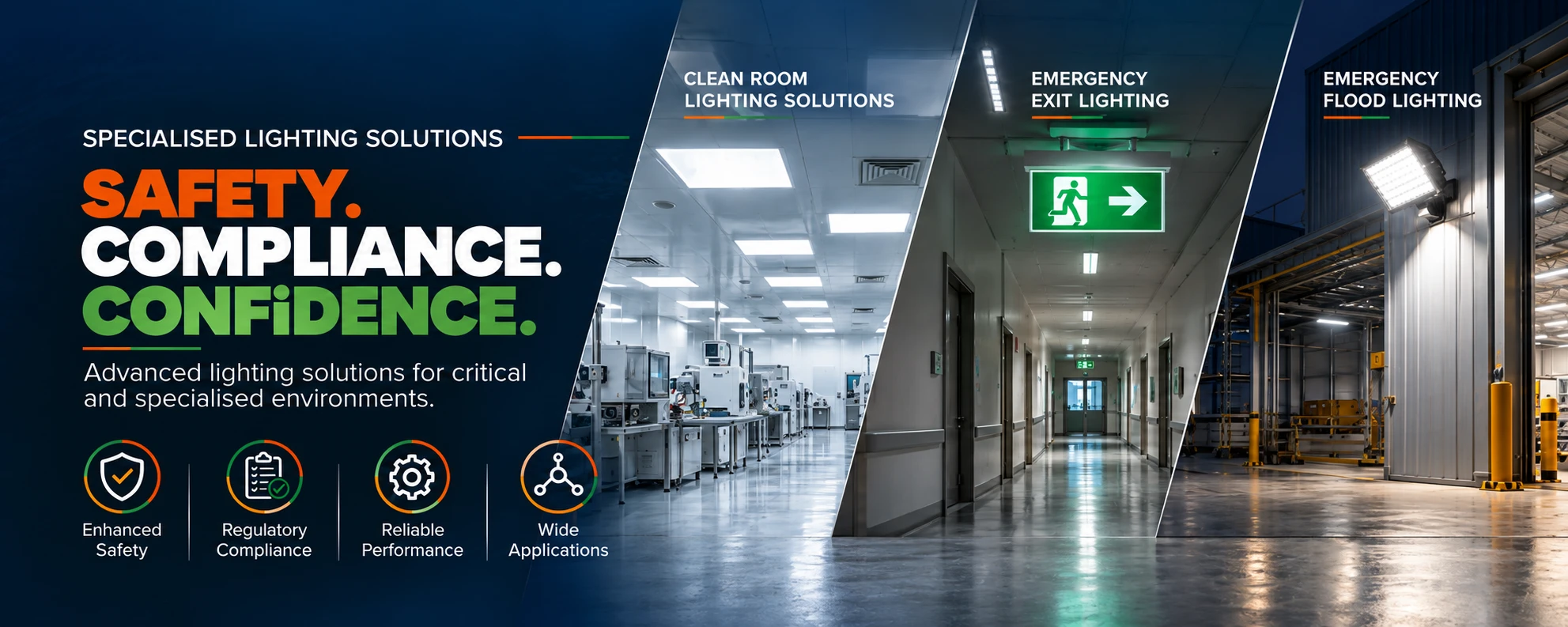 Specialised lighting solutions - Safety. Compliance. Confidence. Clean room, emergency exit and emergency flood lighting for critical environments.