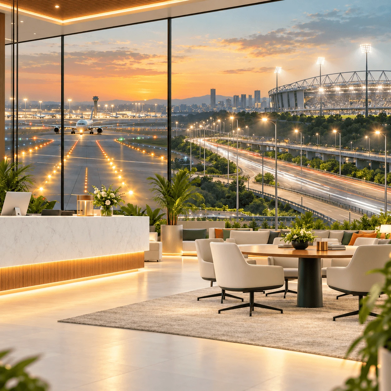 Modern airport lounge with panoramic views of city skyline and stadium during golden hour